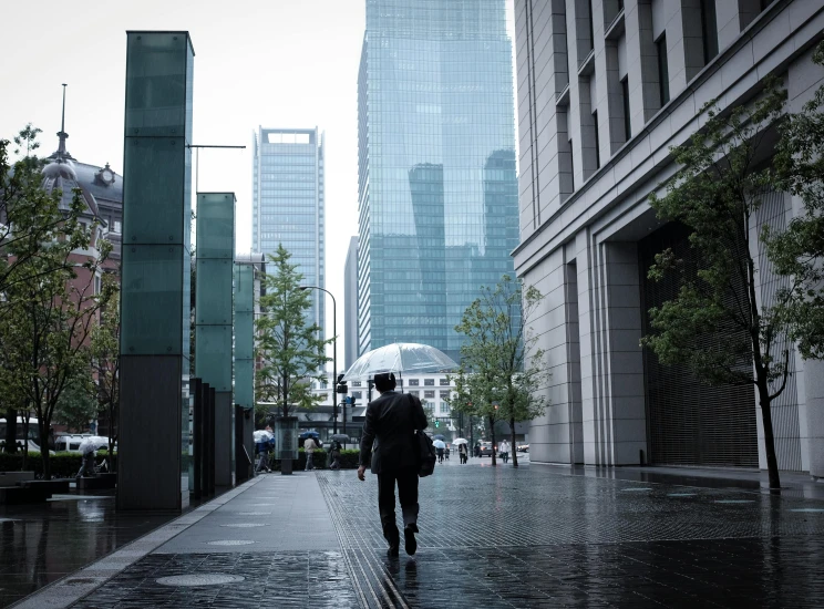 a person walking in the rain with an umbrella, skyscrapers in the distance, canary wharf, dusty abandoned shinjuku, thumbnail