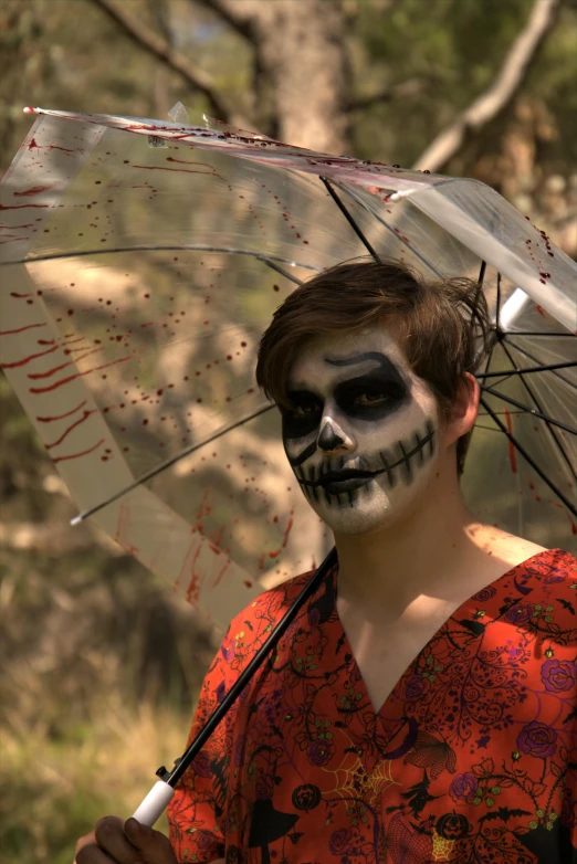 a woman in day of the dead makeup holding an umbrella, by Gwen Barnard, teenage boy, on a hot australian day, zoom shot, sfx