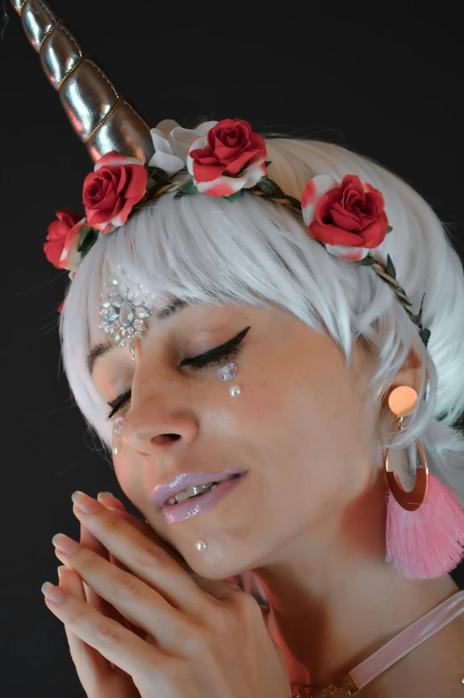 a woman with a unicorn horn and roses on her head, a character portrait, inspired by Jin Nong, wearing silver hair, crying makeup, for hire 3d artist, discord profile picture