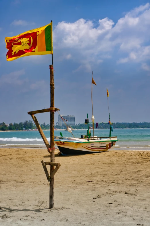 a boat sitting on top of a sandy beach, sri lanka, flags, square, slide show