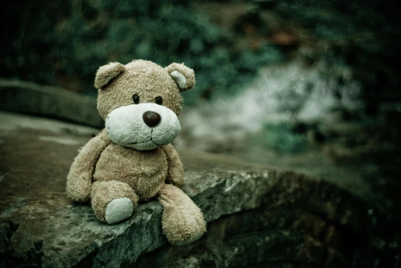 a brown teddy bear sitting on top of a rock, sitting on the ground, toys, ominous mood, instagram post