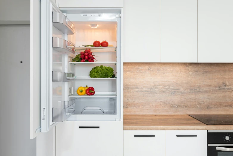 a white refrigerator freezer sitting inside of a kitchen, by Adriaen Hanneman, shutterstock, 15081959 21121991 01012000 4k, a wooden, salad and white colors in scheme, white background