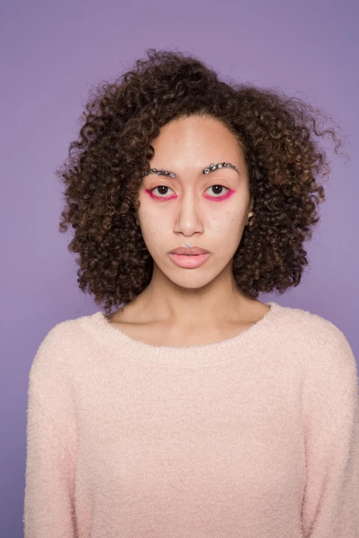 a woman with pink eyeliners on her face, by Lily Delissa Joseph, frizzy hair, bruised face, promo image, ashteroth