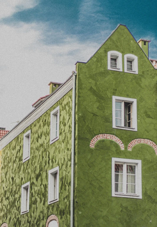 a green building with a smiley face painted on it, a colorized photo, by Adam Marczyński, pexels contest winner, renaissance, trip to legnica, poster colour on canvas, 4k detail, romantic greenery