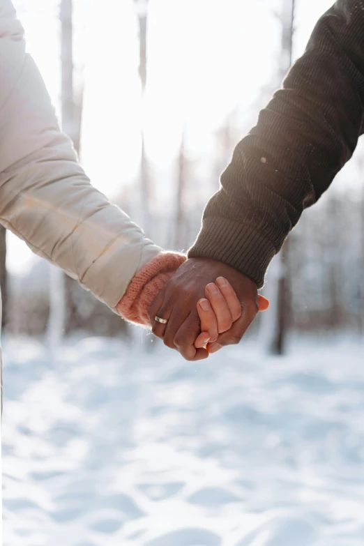 two people holding hands in the snow, varying ethnicities, harsh sunlight, love os begin of all