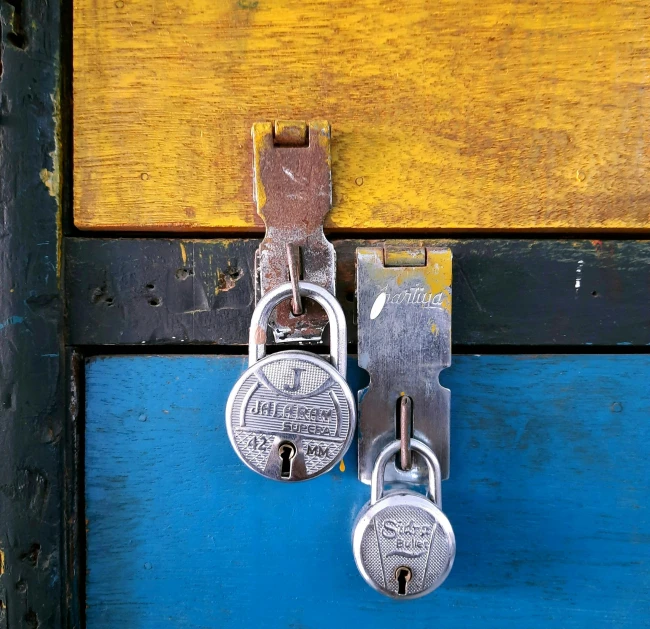 a close up of two padlocks on a wooden door, a still life, by Jason Benjamin, private press, multicoloured, cupboards, multicolor