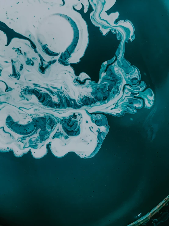 a bowl filled with liquid sitting on top of a table, a microscopic photo, trending on unsplash, generative art, sea foam, teal skin, ilustration, shot from a drone