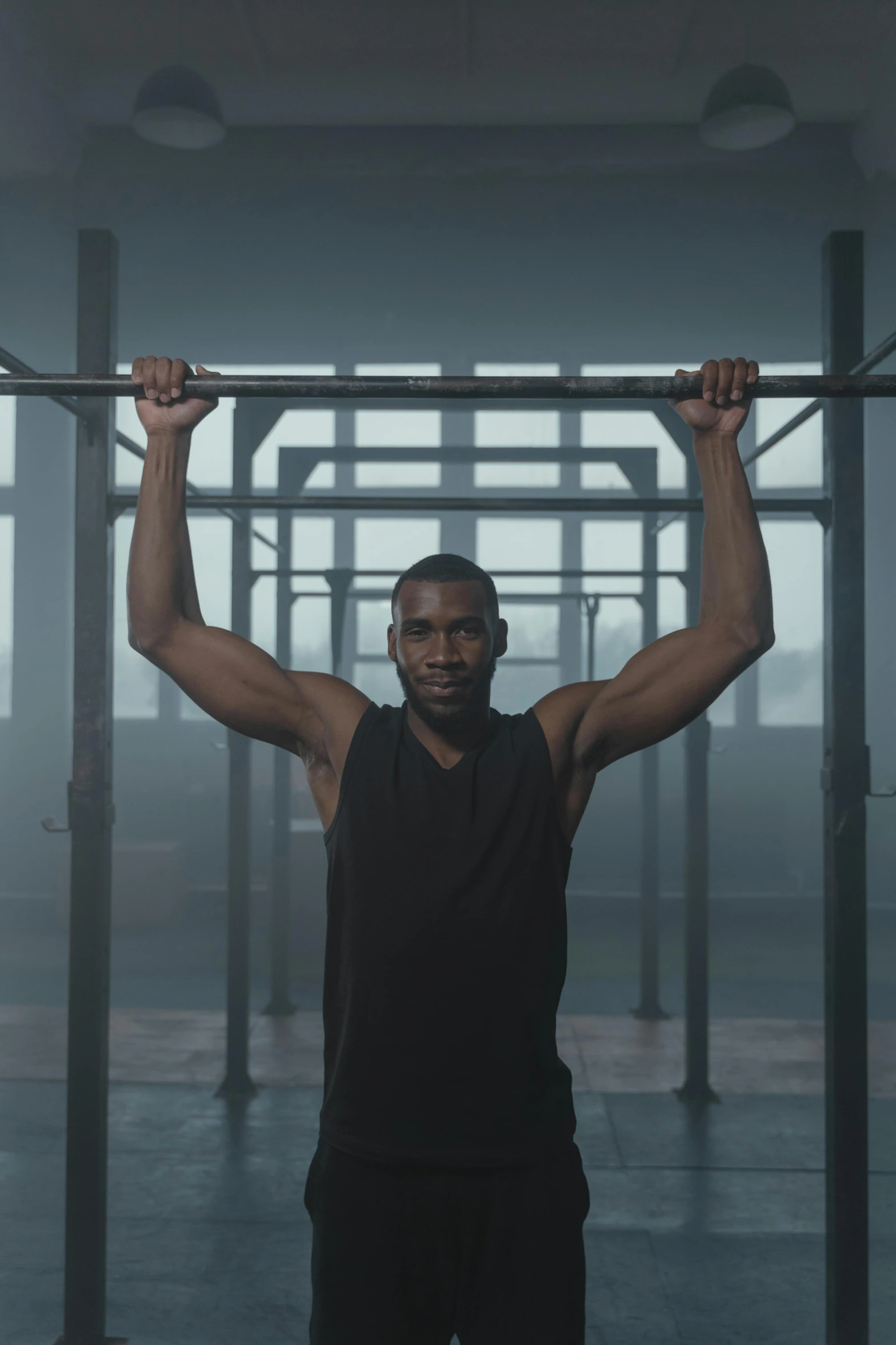 a man doing pull ups in a gym, inspired by Terrell James, pexels contest winner, realism, still from a music video, square, on a gray background, translucent