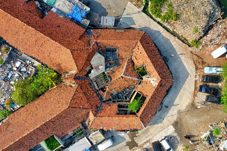 a bird's eye view of a house being demolished, by Daniel Lieske, pexels contest winner, vietnam, orange roof, high polygon, bottom - view