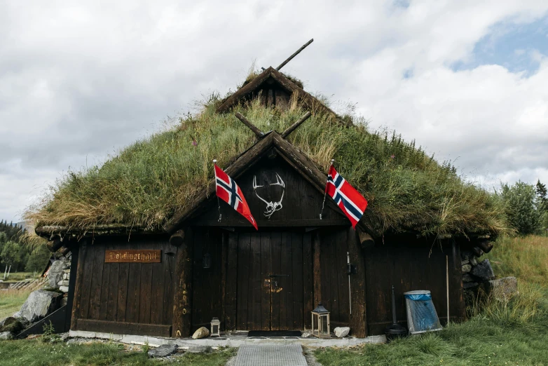 a small wooden building with a grass roof, an album cover, by Jesper Knudsen, unsplash, hurufiyya, horned, historically accurate, restaurant, dezeen