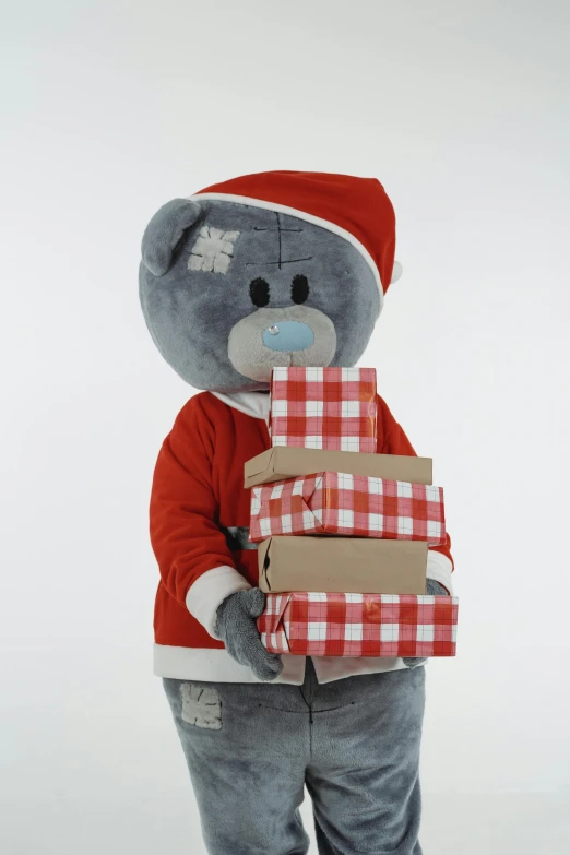a teddy bear dressed in a red and white outfit, a photo, red and grey only, delivering parsel box, bluey, 64x64