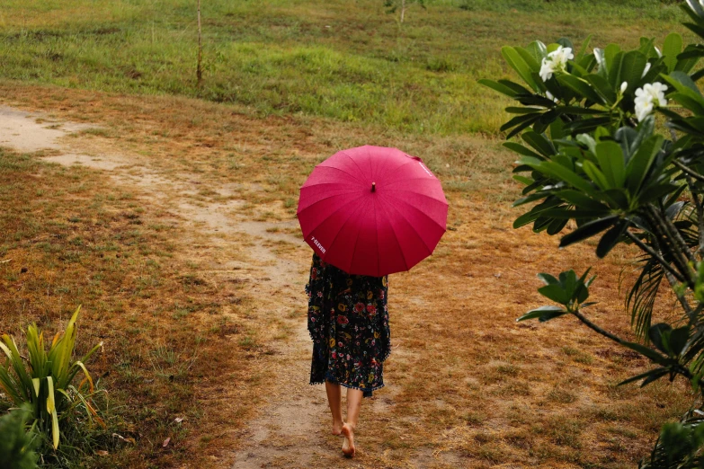 a woman walking down a dirt path with a pink umbrella, inspired by Louis Stettner, pexels, sri lanka, maroon red, round-cropped, floral