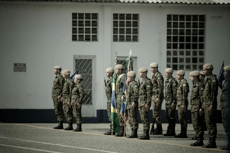 a group of military men standing next to each other, a photo, by Fernando Gerassi, brazilian flag, school class, parade, maintenance photo