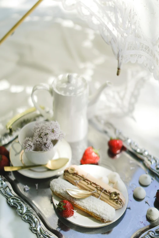 a tray that has some food on it, a still life, unsplash, rococo, white gossamer wings, macaron, summer morning light, hyperdetailed photo