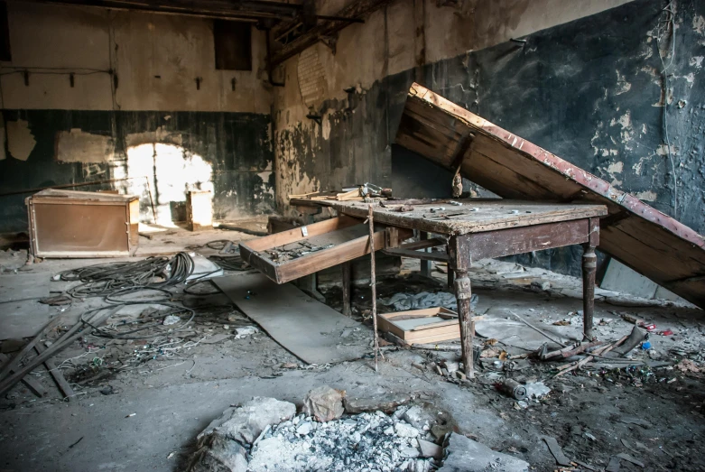 a room that has some kind of furniture in it, an album cover, unsplash contest winner, arte povera, destroyed city on fire, in a school classroom, promo image, nikolay georgiev