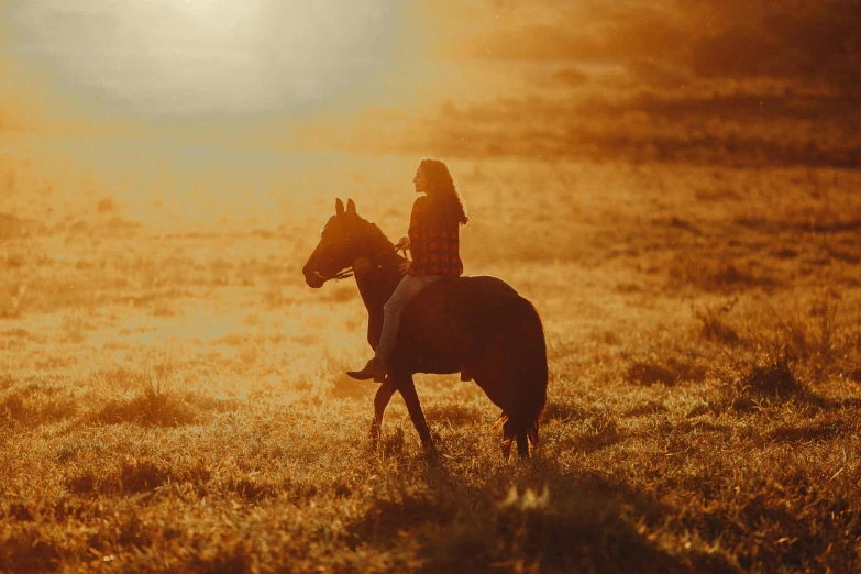 a woman riding on the back of a brown horse, an album cover, unsplash contest winner, golden hour 4k, hard morning light, 👰 🏇 ❌ 🍃, sunset glow