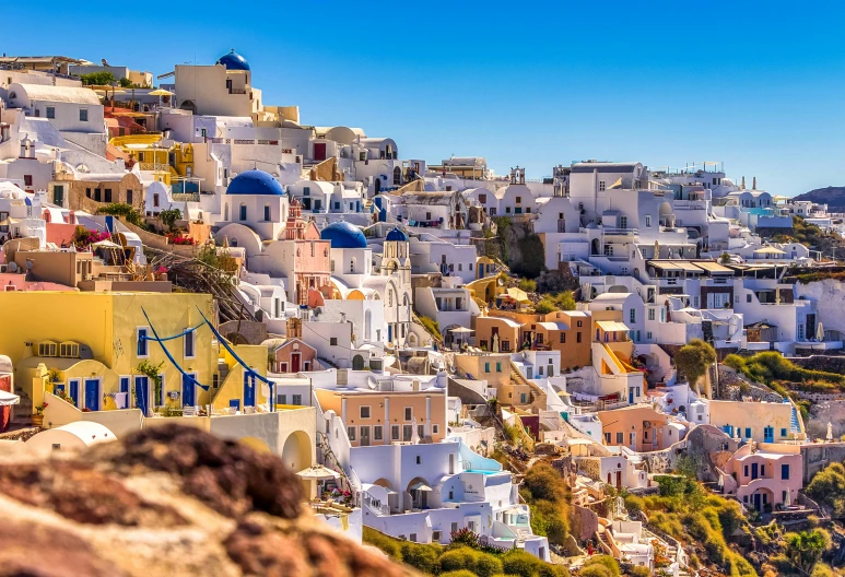 a view of the town of oia on the greek island of santo, pexels contest winner, art nouveau, avatar image, background image, full body close-up shot, round-cropped