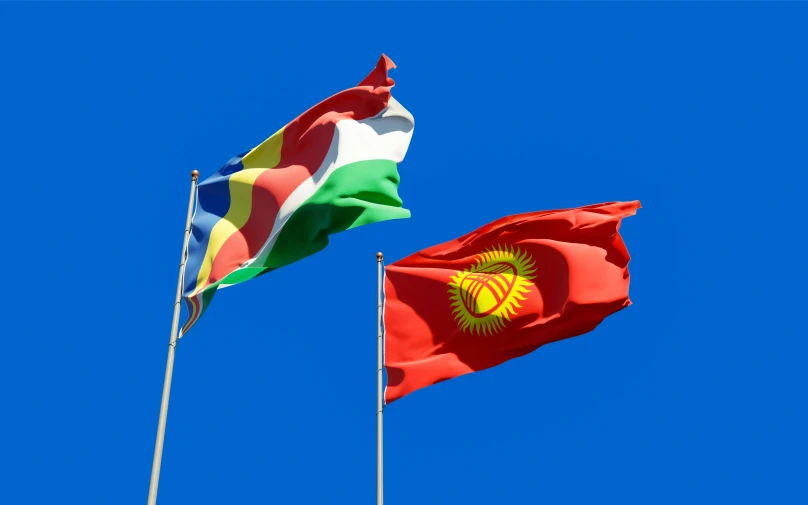 two flags flying side by side against a blue sky, by Alexander Fedosav, shutterstock, art nouveau, kurdistan, square, zulu, vostok-1