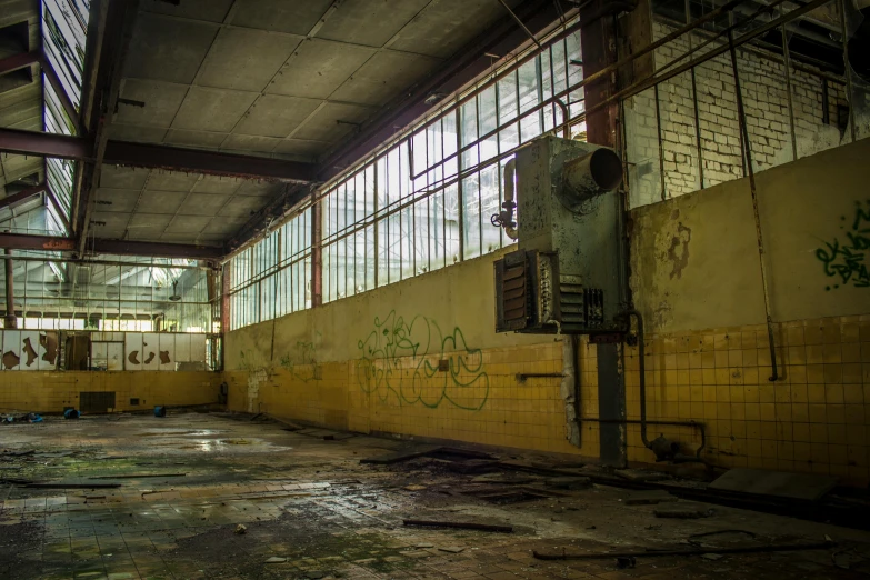 a run down building with graffiti on the walls, pexels contest winner, nuclear wasteland, wet floor, thumbnail, indoor picture