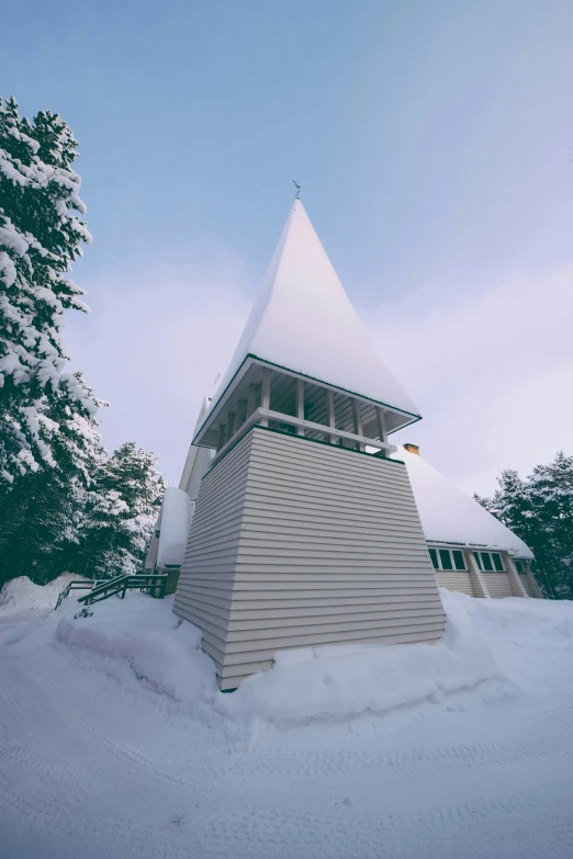 a church with a steeple covered in snow, inspired by Einar Hakonarson, unsplash, alvar aalto, in karuizawa, exterior, square