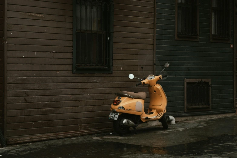 a motor scooter parked in front of a building, inspired by Elsa Bleda, unsplash contest winner, mustard, damp, 🦩🪐🐞👩🏻🦳, brown