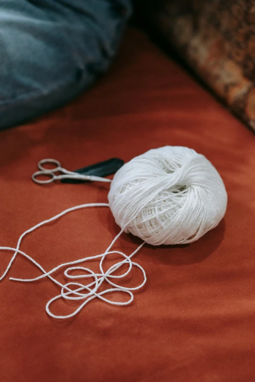 a ball of yarn next to a pair of scissors, sustainable materials, promo image, whites, woodstock