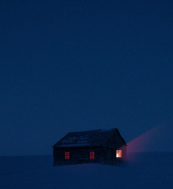 a small cabin sitting in the middle of a snow covered field, an album cover, by Peter Birmann, minimalism, night light, light red and deep blue mood, ignant, black house