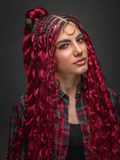 a woman with red curly hair wearing a plaid shirt, a portrait, trending on pexels, renaissance, maya ali as a cyber sorceress, braids, high resolution photo, arab inspired