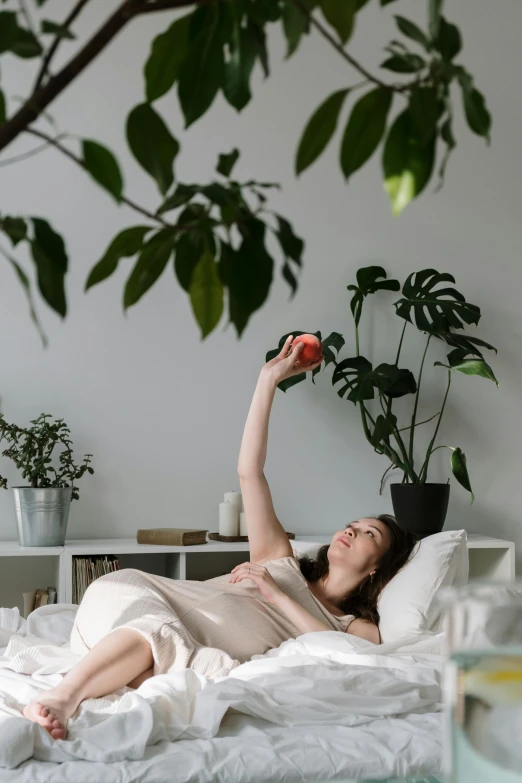 a woman laying in bed with an apple in her hand, pexels contest winner, tree and plants, tall, arms stretched out, houseplant