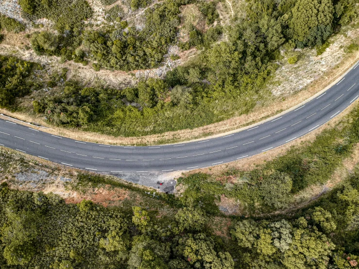 an aerial view of a winding road surrounded by trees, by Julian Allen, ultrawide image, thumbnail, motorbike, flattened