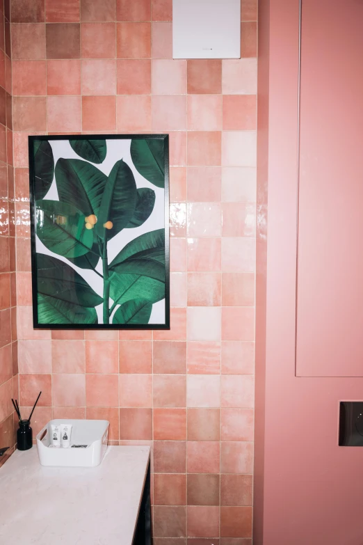 a bathroom with a sink and a painting on the wall, inspired by Wes Anderson, baroque, botanical poster, covered with pink marzipan, myself, tile