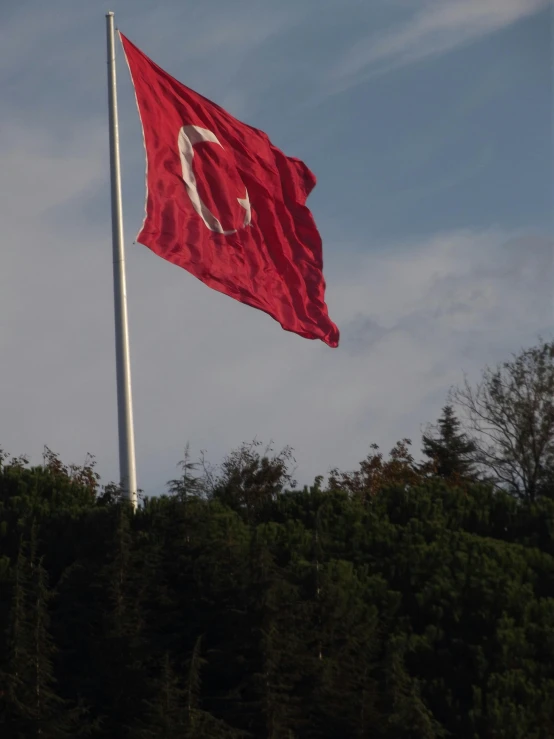 a red flag flying on top of a flag pole, pexels, hurufiyya, istanbul, photo on iphone, foliage, low quality photo
