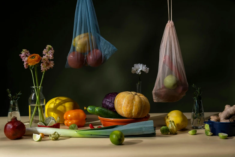 a bunch of fruits and vegetables sitting on a table, a still life, unsplash, hyperrealism, in plastic, photographed for reuters, lights on, chartreuse and orange and cyan