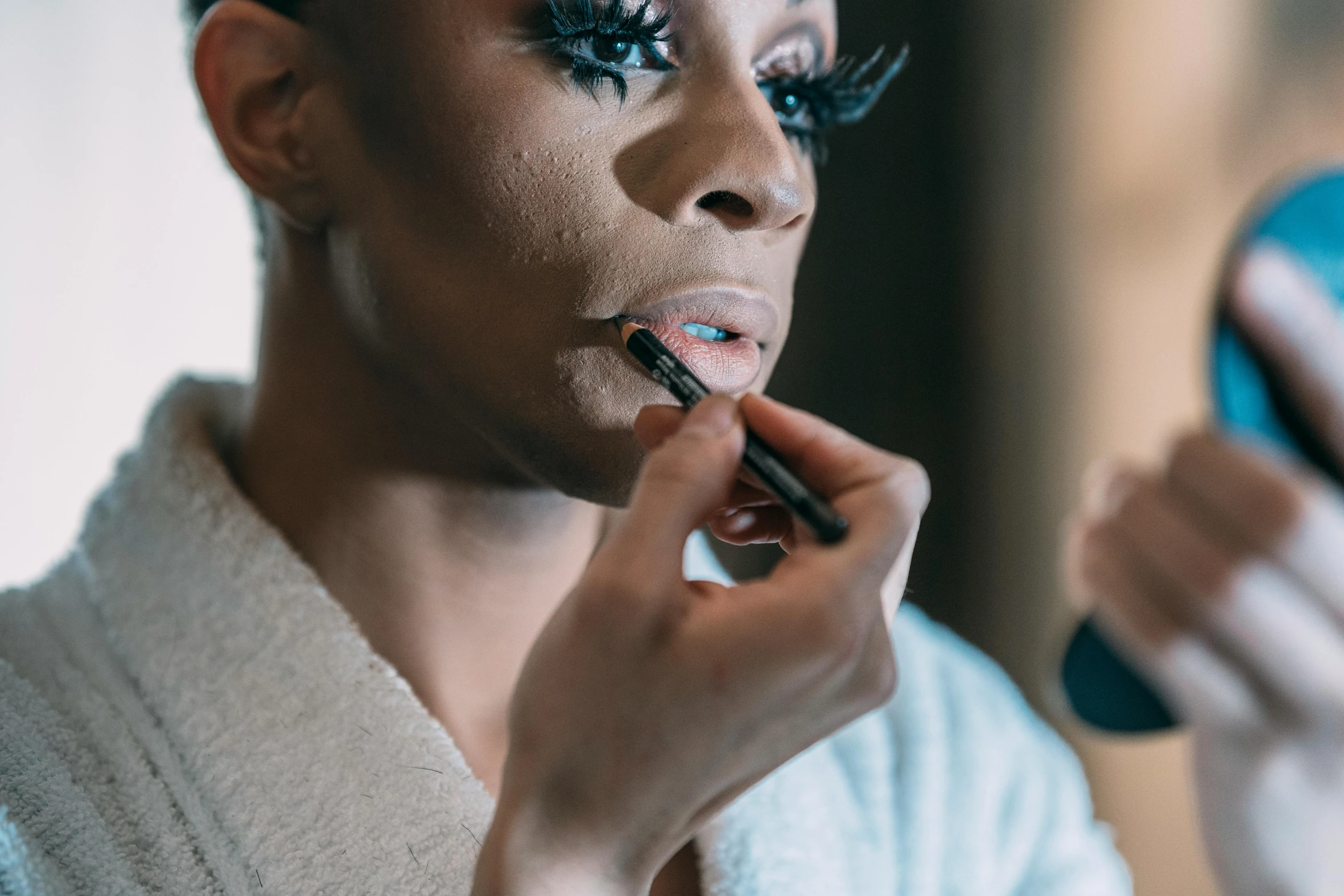 a woman brushing her teeth in front of a mirror, an album cover, trending on pexels, visual art, unreal engine : : rave makeup, ru paul\'s drag race, detailed lashes, maria borges