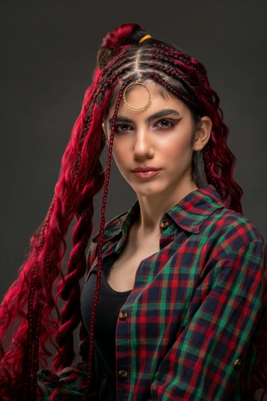 a woman with long red hair wearing a plaid shirt, a character portrait, inspired by Shukei Sesson, trending on pexels, long braided curly silver hair, young middle eastern woman, cyberpunk photo, beauty retouch