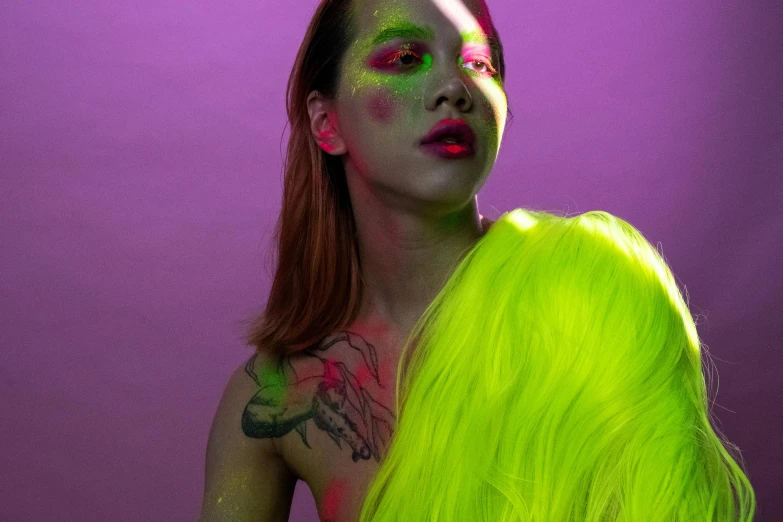 a woman with bright green hair posing for a picture, inspired by Russell Dongjun Lu, purple and yellow lighting, portrait image, drag, louise zhang