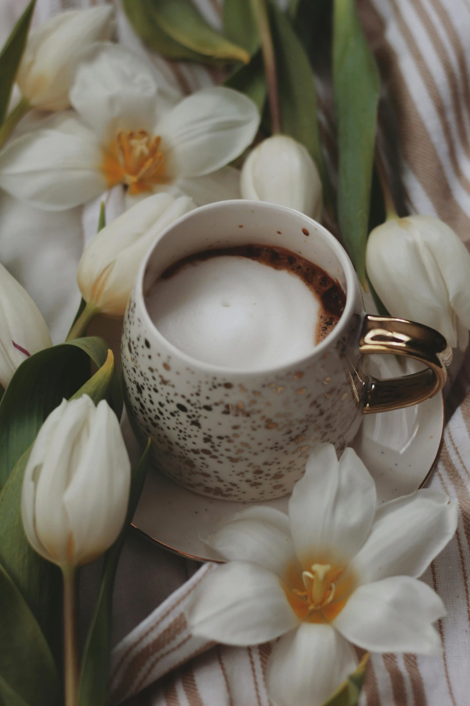 a cup of coffee and some flowers on a table, ivory and copper, promo image, hot cocoa drink, tulips