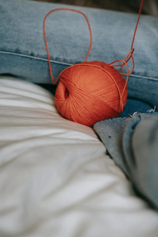 a ball of yarn sitting on top of a bed, pexels contest winner, coral, denim, laying back on the bed, tonal topstitching