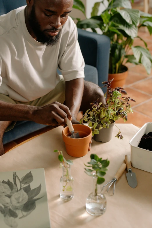 a man sitting at a table with potted plants, creating a soft, potted plant, sustainable materials, pestle