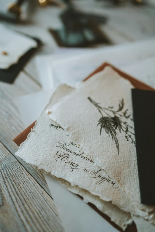a close up of a piece of paper on a table, inspired by Aldus Manutius, trending on unsplash, herbs and flowers, smokey burnt envelopes, invitation card, album cover