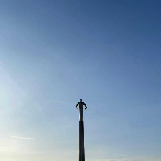 a giraffe standing on top of a lush green field, a statue, inspired by Sir Jacob Epstein, unsplash, new sculpture, lamp posts, clear blue sky, silhouette of a man, shot on an iphone