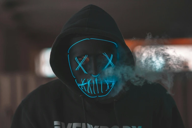 a man in a hoodie smoking a cigarette, pexels contest winner, graffiti, glowing tiny blue lines, discord profile picture, avatar image, ski masks