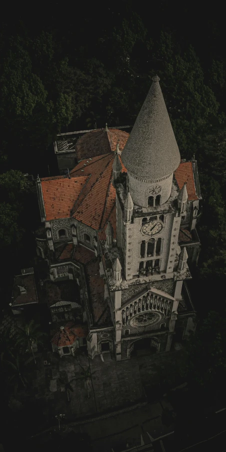 an old building in the middle of a forest, an album cover, by Adam Marczyński, pexels contest winner, art nouveau, air shot, gothic regal, thumbnail, slate