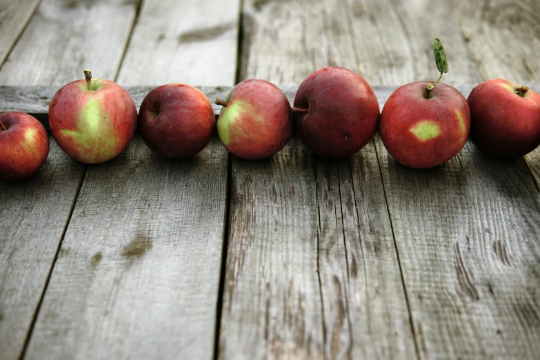 a row of apples sitting on top of a wooden table, by Jessie Algie, raspberry, press shot, exterior shot, 2 5 6 x 2 5 6 pixels