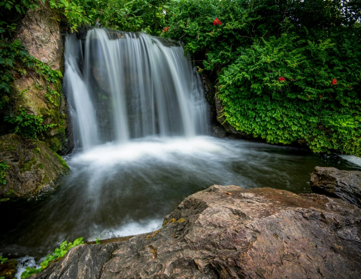 a waterfall flowing through a lush green forest, by Jesper Knudsen, pexels contest winner, hurufiyya, flowers and waterfalls, thumbnail, slow exposure hdr 8 k, gardens and fountains