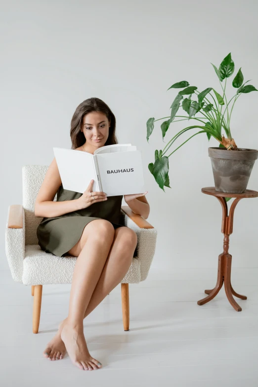 a woman sitting in a chair reading a book, by Nicolette Macnamara, minimalism, unique pot made for houseplants, female camila mendes, product introduction photo, bashful expression