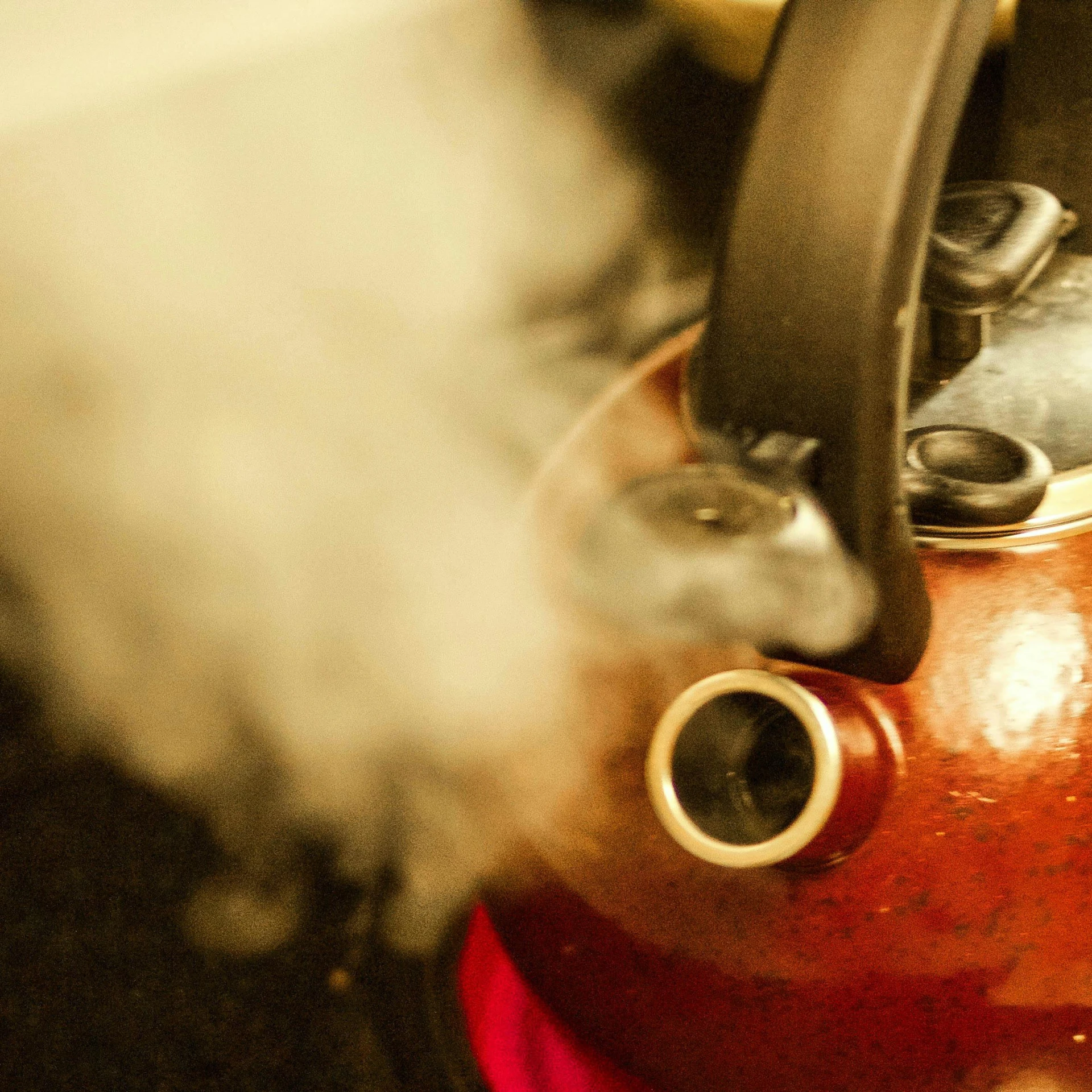 a tea kettle with steam coming out of it, pexels contest winner, mangeta smoke red light, high angle close up shot, brown, looking sad