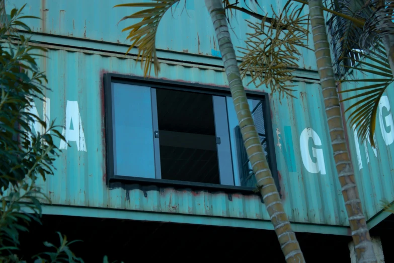 a building with a palm tree in front of it, by Lee Loughridge, unsplash, graffiti, shipping containers, aquamarine windows, kauai, avatar image