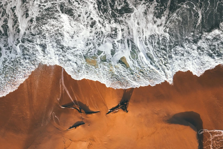 a group of people riding surfboards on top of a sandy beach, by Daniel Lieske, pexels contest winner, surrealism, red lava rivers, taken from a plane, whales showing from the waves, south african coast