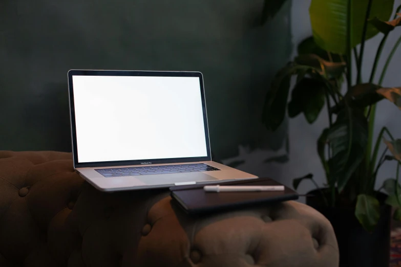 a laptop computer sitting on top of a brown couch, pexels, evenly lit, pen and paper, avatar image, whitespace